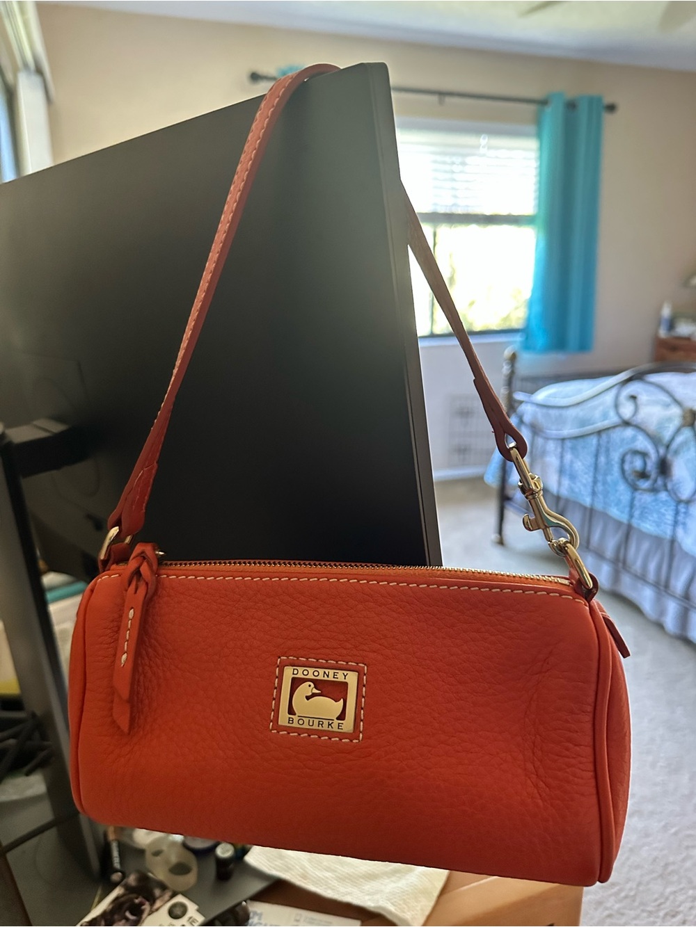 Dooney & Bourke Orange Pebbled Leather Mini Barrel Zip Top Handle Hand Bag Y2K